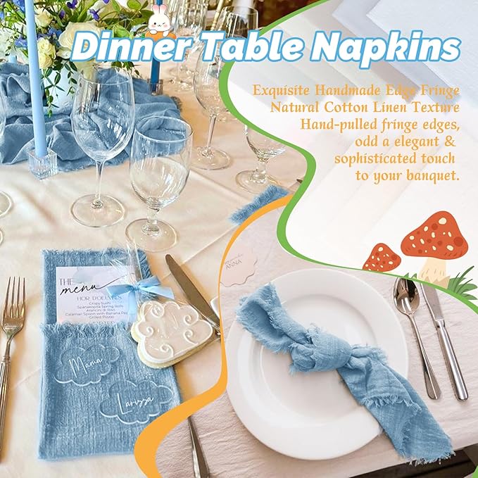 Showgeous 30 Pack Dusty Blue Cloth Napkins with Fringe 16x16 inch 100% Cotton Blue Napkins Handmade Dinner Napkins Bulk Washable Soft Rustic Table Napkins for Wedding Parties Bridal Baby Shower