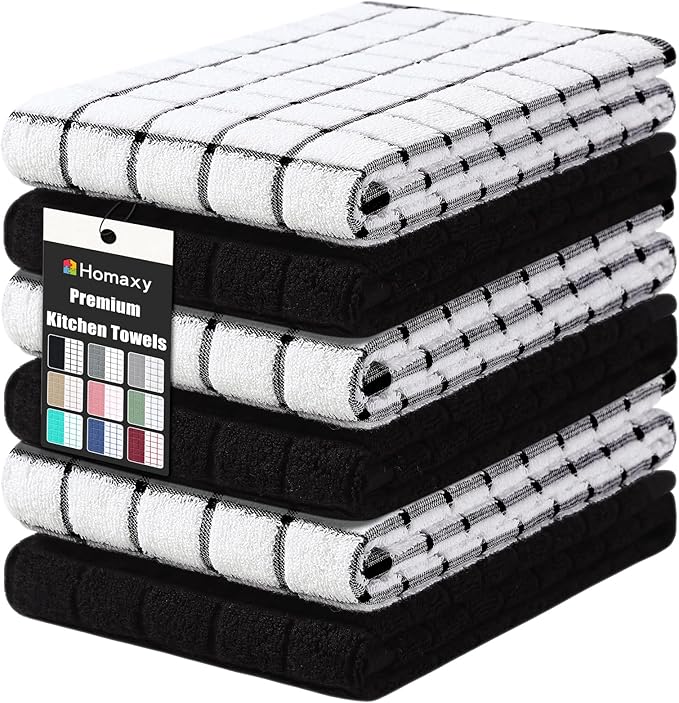Homaxy Premium Cotton Kitchen Towels 16"x 28", Large Natural Ring Spun 390 GSM Dish Towels, Super Absorbent Terry Kitchen Hand Towels, Soft Tea Towels with Hanging Loop, Black Check Design, 6 Pack