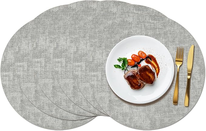 Maxpearl Round Placemats Set of 6, 13.8 inch Faux Leather Heat Resistant Table Mats, Non Slip Waterproof Wipeable Place Mats for Kitchen Dining Holiday Party Table Settings, Grey