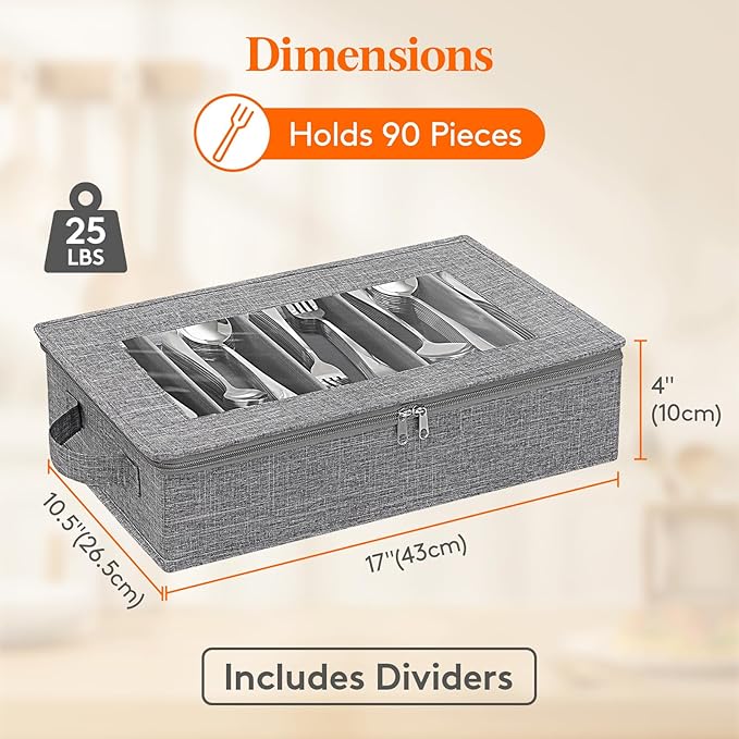 Lifewit Silverware Storage Box, Covered Flatware Organizer with Zipper Lid, 5 Compartment Cutlery Case with Adjustable Divider and Handle, Utensil Container for Spoon Fork Knives, 1 Pack
