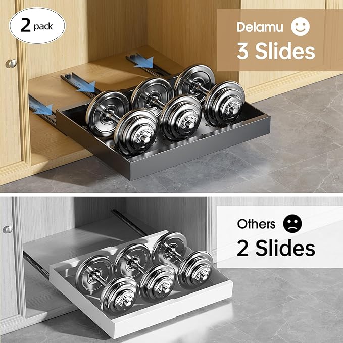 Delamu 16" Deep Pull Out Cabinet Organizer with 6 Dividers, Expandable (11.7 "-20" W) Pull Out Drawers for Cabinets, Cabinet Trays Pull Out for Cabinets in Kitchen, Pantry or Bathroom, Black, 2 Pack