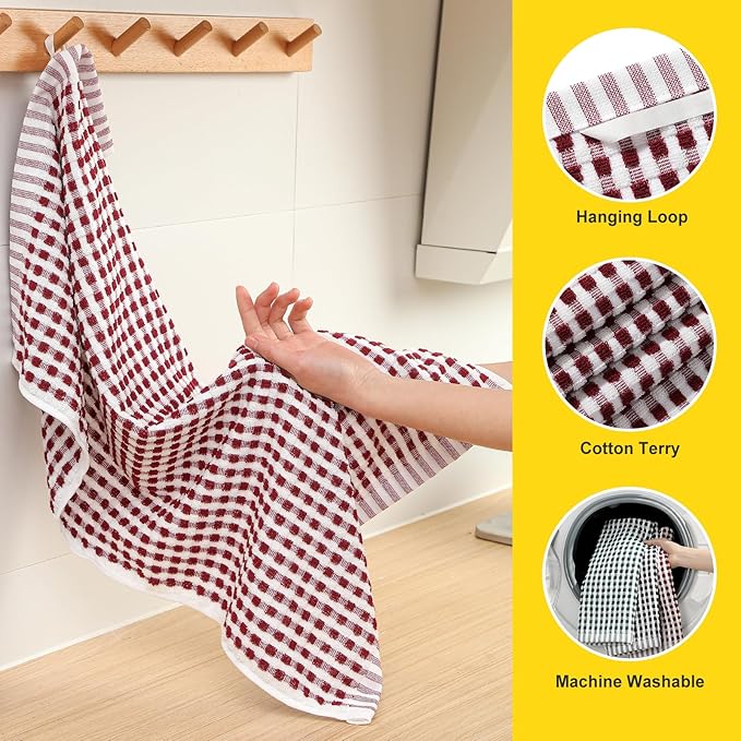 SALAS Cotton Dish Towels Cloths for Kitchen Drying Dishes, Lattice Terry Kitchen Towels, Highly Absorbent Kitchen Cloths with Hanging Loop, 16‘’ x 26‘’,4 Packs, Wine Red