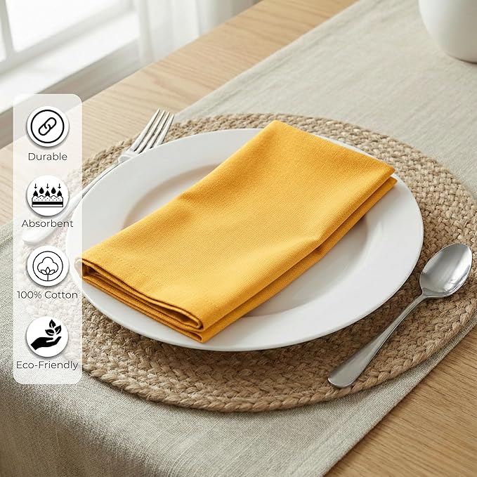 Ramanta Home Mustard Cotton Dinner Napkins Set of 12, 18x18 Inch 100% Cotton Cloth Napkins, Reusable Fabric Table Napkins for Everyday Dining, Parties, Weddings, Spring & Easter Table Décor Washable