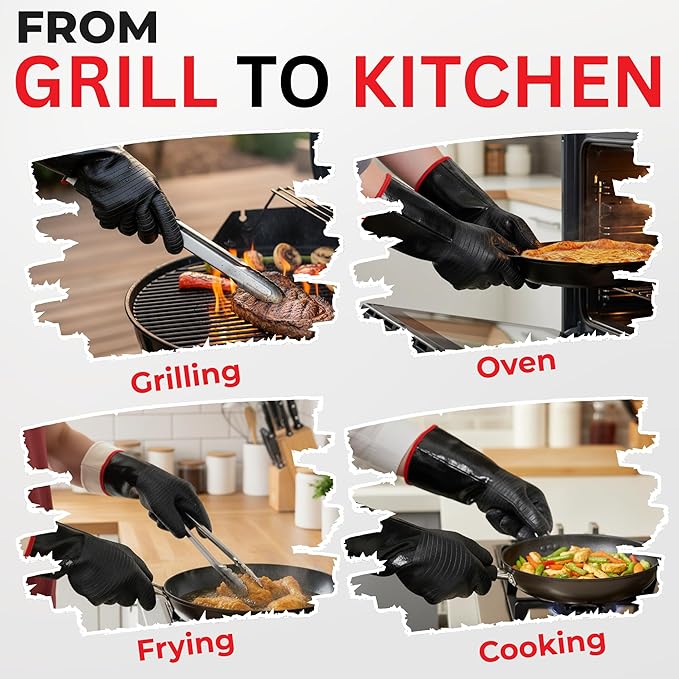 Jungle Eye 932°F Heat Resistant BBQ Grill Gloves: Neoprene Non-Slip Waterproof Heat & Oil Resistance for Grilling, Smoker, Cooking, Frying & Oven, 14" Long Sleeve Barbecue Gloves, Apron Included