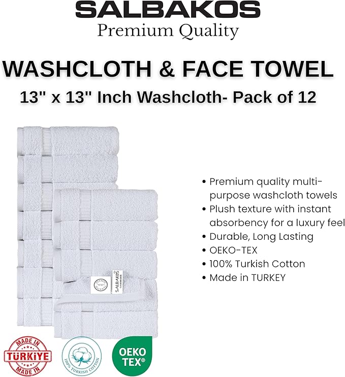 SALBAKOS 12-Piece 100% Turkish Cotton Wash Cloths for Bathroom & Face - Soft 13x13 in Small Towels for Body & Kitchen - Thick, Absorbent Multi-Use Oeko-TEX Certified Washcloths (White, 12 Washcloths)