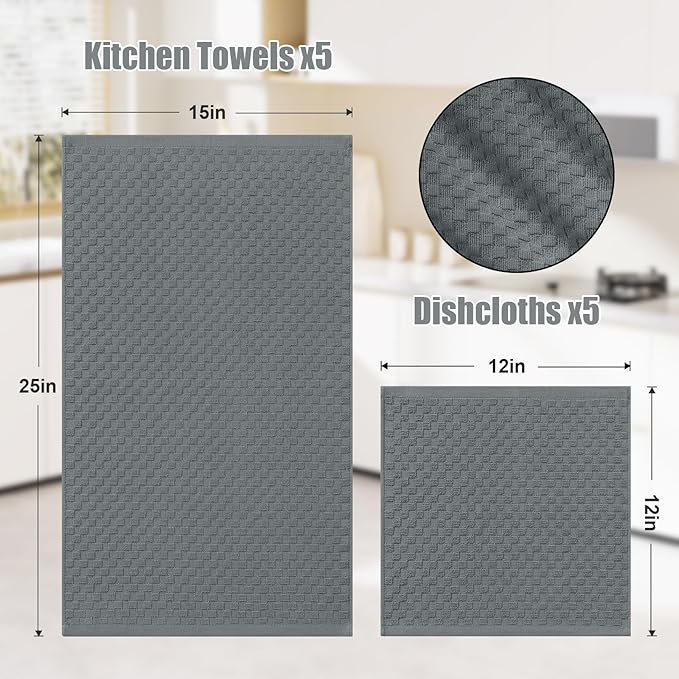 Homaxy 100% Cotton Kitchen Towels and Dishcloths Set, 12 x 12 & 15 x 25 Inches, Set of 10 Bulk Terry Cloth Dish Towels, Super Soft and Absorbent Hand Towel with Hanging Loop, Dark Grey