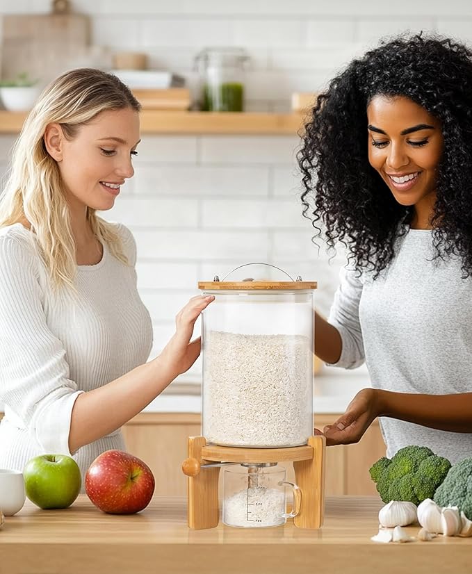 5-7 Lbs Glass Rice Dispenser with Wooden Stand Flour and Cereal Container with Glass Measuring Cup Pantry Food Organization Storage Bin with Airtight Bamboo Lid, 3L
