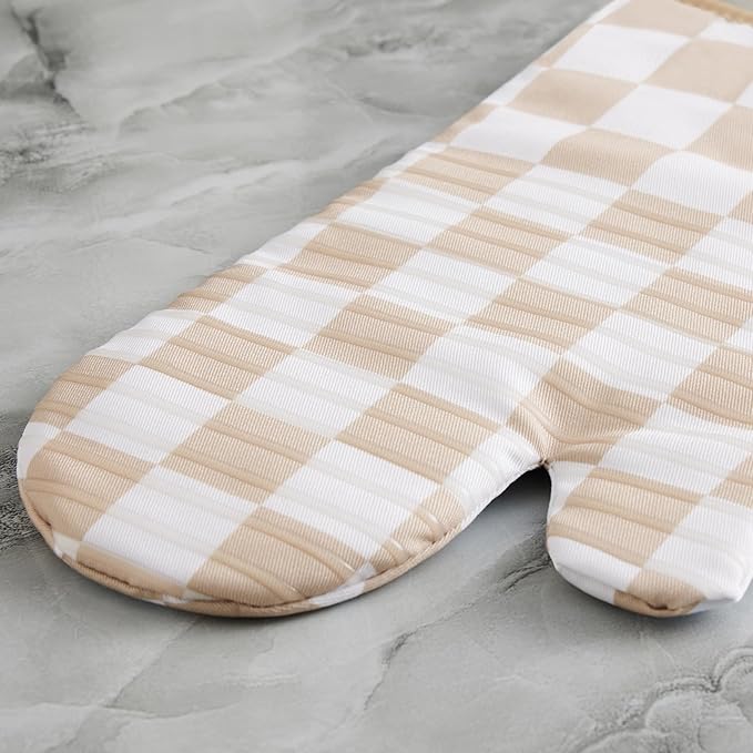 Ohocut Beige Checkered Oven Mitts Heat Resistant, Vintage Retro Checkerboard Cute Oven Mitts, Non-Slip Silicone Kitchen Oven Gloves 1 Pair 7''x13''