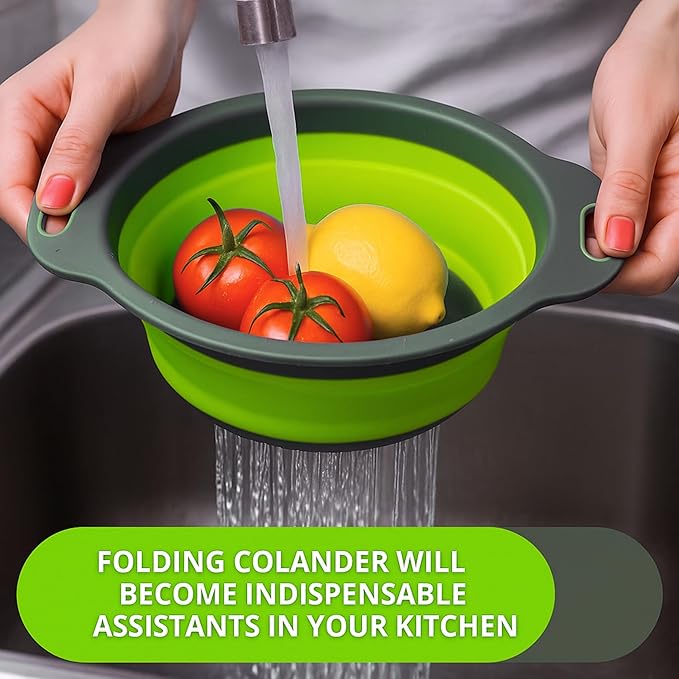 Green Round Silicone Collapsible Colander – Silicone Round Small Kitchen Strainers with Plastic Handles Foldable Kitchen Strainer Perfect for Draining Pasta Vegetable and Fruit