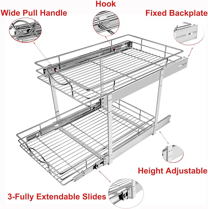 Sikarou Pull Out Cabinet Organizer 14" W x 21" D 2-Tier Individual Slide Out Drawer Pantry Shelf Storage for Kitchen Base Cabinet Organization for Kitchen, Bathroom, Pantry, Chrome