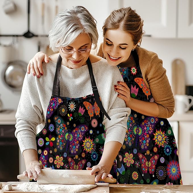 Britimes Butterfly Apron Floral Colorful Butterflies Flowers Aprons Kitchen Cooking Gardening for Women With Pockets