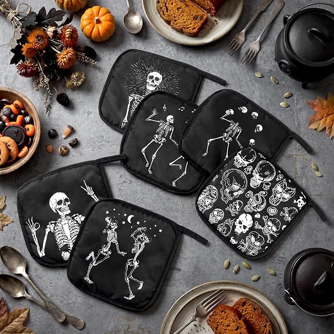 Bencailor 12 Pcs Pot Holders with Pocket Kitchen Hot Potholders Hot Pad Oven Mitts Cookie Bag Oven Gloves for Kitchen Gift Baking Cooking (Black,Skull 2)