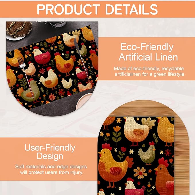 Cute Roosters Table Mats Set of 6,Chickens Non-Slip Washable Placemats for Restaurant Home Kitchen Dinner Table 12x18Inch
