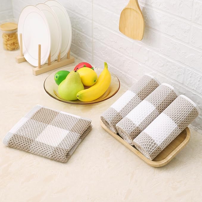 Homaxy Kitchen Towels and Dishcloths Set, 12 x 12 and 13 x 28 Inches, Set of 12 100% Cotton Waffle Weave Check Plaid Kitchen Dish Towels, Super Soft and Absorbent Dish Cloths, White & Khaki