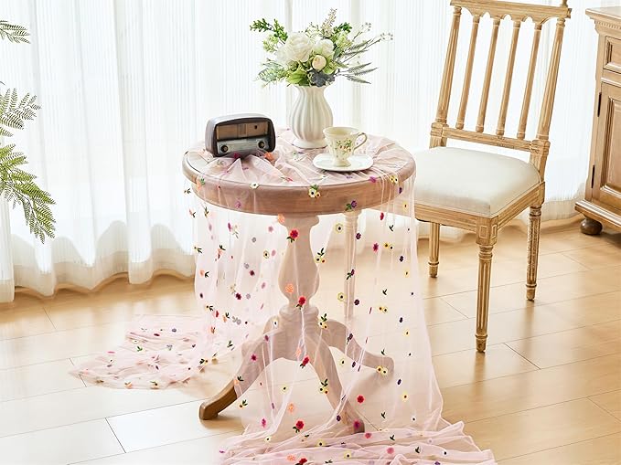 YATOJUZI Pink Table Runner Embroidery Daisy Summer Floral Decorations Seasonal Tulle Dining Table Runners for Home Kitchen Decor Wedding Shower Party