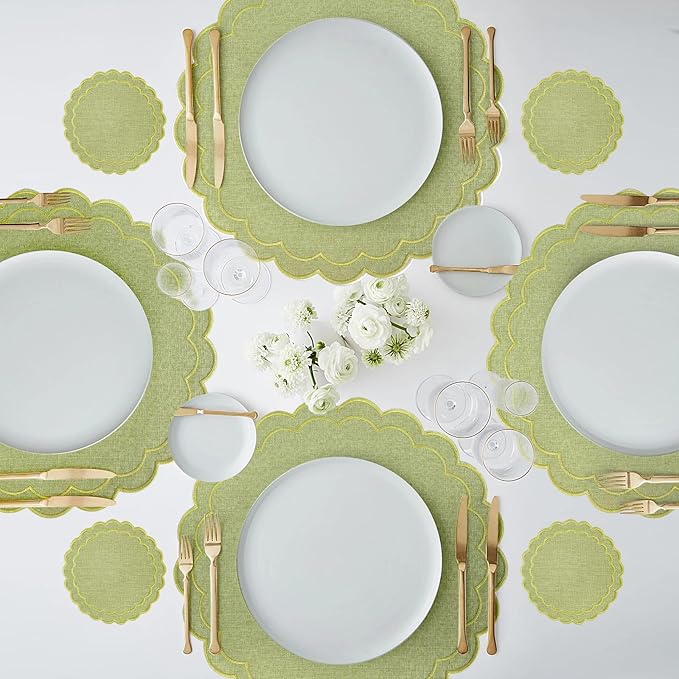 Set of 8 Cotton Linen Placemats Coaster, 15" Scalloped Embroidery Heat Resistant Placemats, 4.7" Kitchen Coaster, Double Layered Machine Washable Table Mat Set Rustic Dinner Table Decoration (Green)