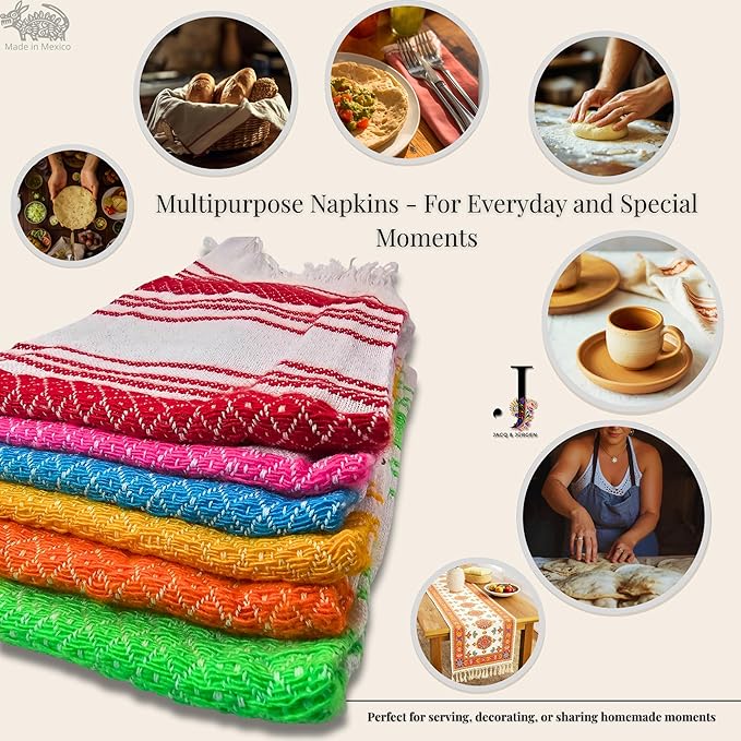 Jacq & Jürgen - Set of 6 Traditional Mexican Tortilla Warmer Cloths - 100% Cotton Handmade Fabric - Reusable Kitchen Napkins for Bread & Tortillas
