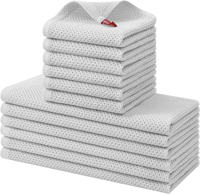 Kitinjoy 100% Cotton Kitchen Towels and Dishcloths Set, 12 Pack-13" x 28" and 12" x 12" Waffle Weave Dish Towels, Ultra Soft Absorbent Quick Drying Dish Rags, Light Grey