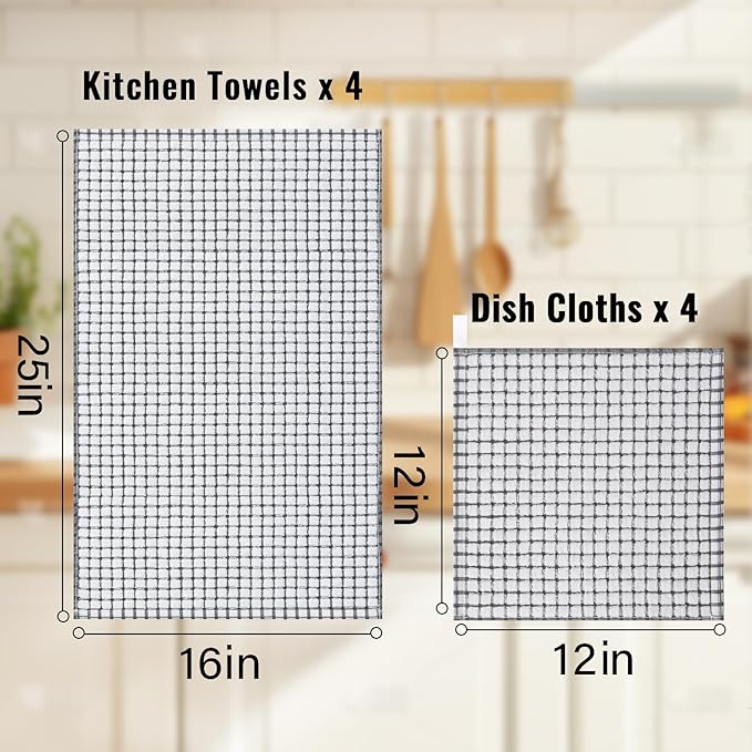 Homaxy Kitchen Towels and Dishcloths Set, 16 x 25 and 12 x 12 Inches, Set of 8 Cotton Terry Kitchen Dish Towels, Super Soft and Absorbent Dish Cloths, Black/Grey/Yellow/Green