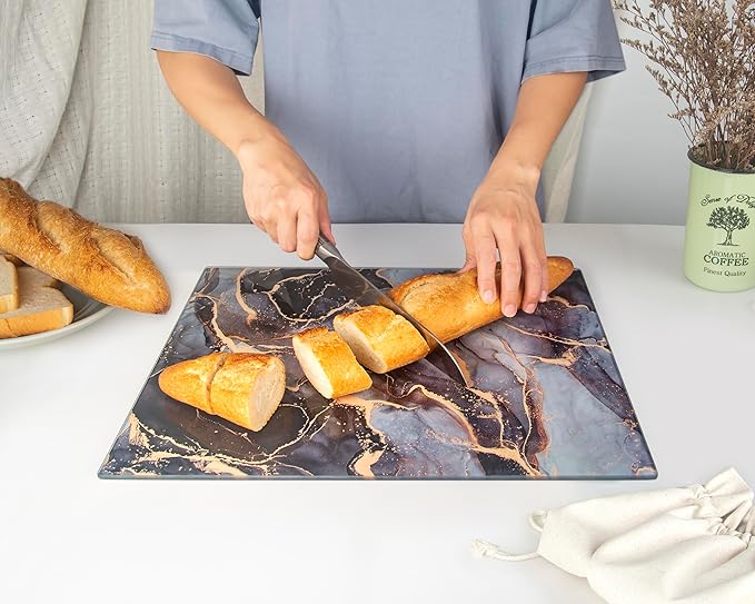 Kitchenville Glass Cutting Board 16"x12": Tempered Glass Kitchen Counter Protector - Durable- Scratch-Resistant, Heat-Proof - Design 8 - Grey & Gold