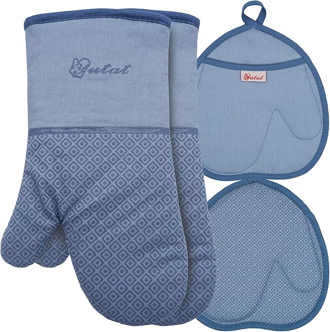 Yutat Silicone Oven Mitts - Oven Mitts and Pot Holders Sets Made of Non-Slip & BPA-Free Silicone, High Heat Resistant 500 Degrees, Perfect for Kitchen Cooking Baking BBQ, 4Pcs Set, Sky Blue