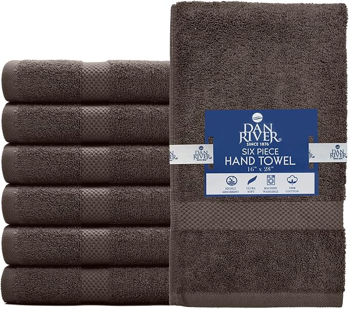 DAN RIVER 6-Pack Premium Hand Towels (16x28 Inches) - 100% Cotton, Ultra Soft, Lightweight, Highly Absorbent Towels for Bathroom, Spa, Gym, Salon, Hotel, and Travel - Brown
