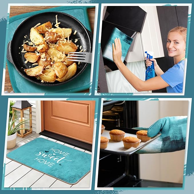 Fourluoo 10 Pcs Teal Turquoise Oven Mitts and Pot Holders Kitchen Decor and Accessories Set Turquoise Kitchen Towels Modern Boho Oven Gloves for Home Decorations Cooking Baking Housewarming Gifts