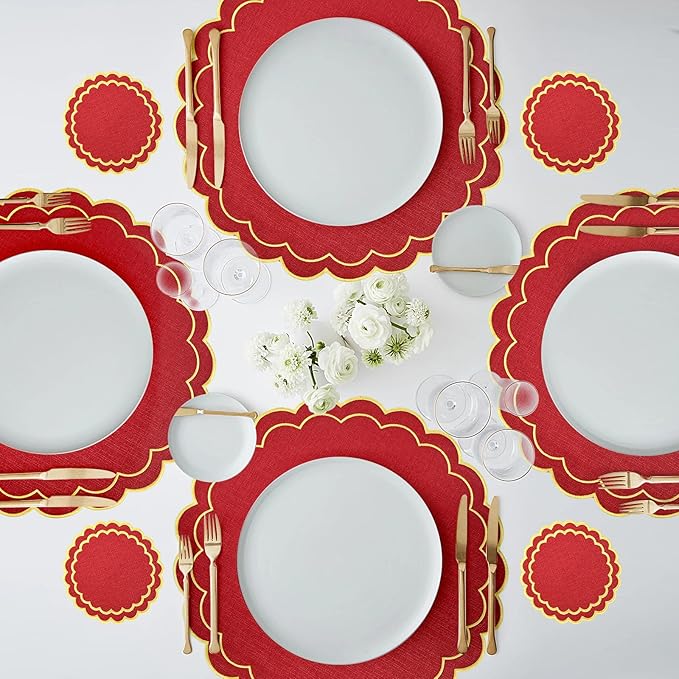 Set of 8 Christmas Round Cotton Linen Placemats with Coaster, 15" Red Scalloped Embroidery Placemats Double Layered Heat Resistant Washable Table Mat for Xmas Winter Party Kitchen Dining Table