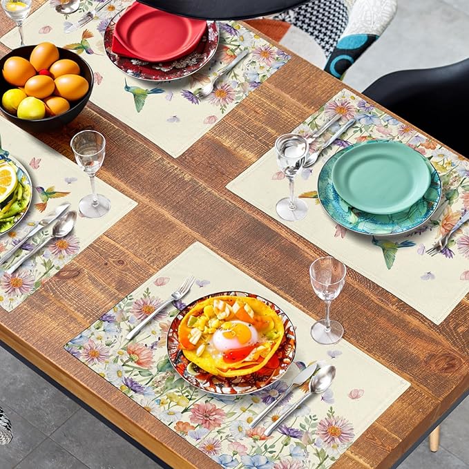 Flowers Bird Spring Summer Placemats Set of 4 Watercolor Floral Hummingbird Butterfly Place Mats 12x18 Inch Wildflowers Grass Seasonal Farmhouse Linen Table Mat for Kitchen Dining Decor