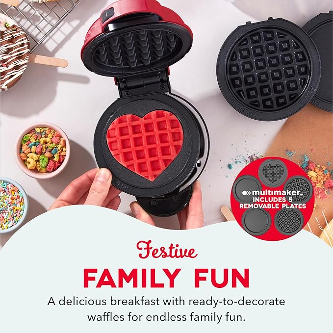 Dash MultiMaker® Mini System - Compact Waffle Maker for Family Breakfasts - Removable Griddle Plates & nonstick surface - 5 Plates - Red