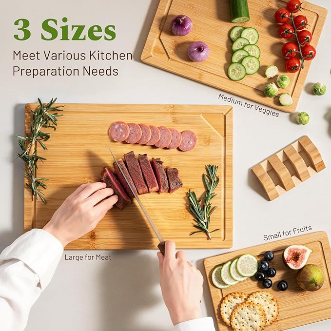 Kikcoin Over Sink Bamboo Cutting Boards for Kitchen - 3+1 Piece Self-Draining Healthy Wood Cutting Board Set with Built in Handle& Spout, Charcuterie& Meat Extra Large Butcher Chopping Boards, Natural