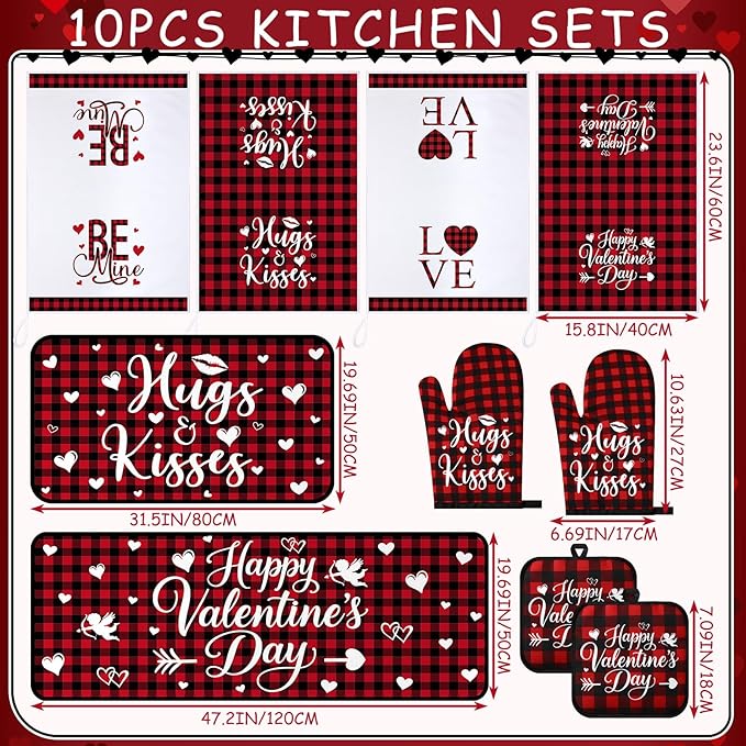 VitalCozy 10 Pcs Valentine's Day Buffalo Plaid Kitchen Decor Set Oven Mitts and Pot Holders Heart Kitchen Towels and Rugs for Chef Baking Cooking Grilling BBQ Gift