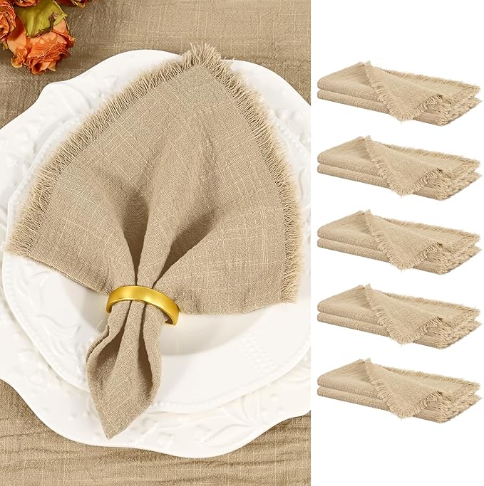 Showgeous 10 Pack Caramel Cloth Napkins with Fringe 16x16 inch 100% Cotton Caramel Napkins Handmade Dinner Napkins Bulk Washable Soft Rustic Table Napkins for Wedding Parties Bridal Baby Shower