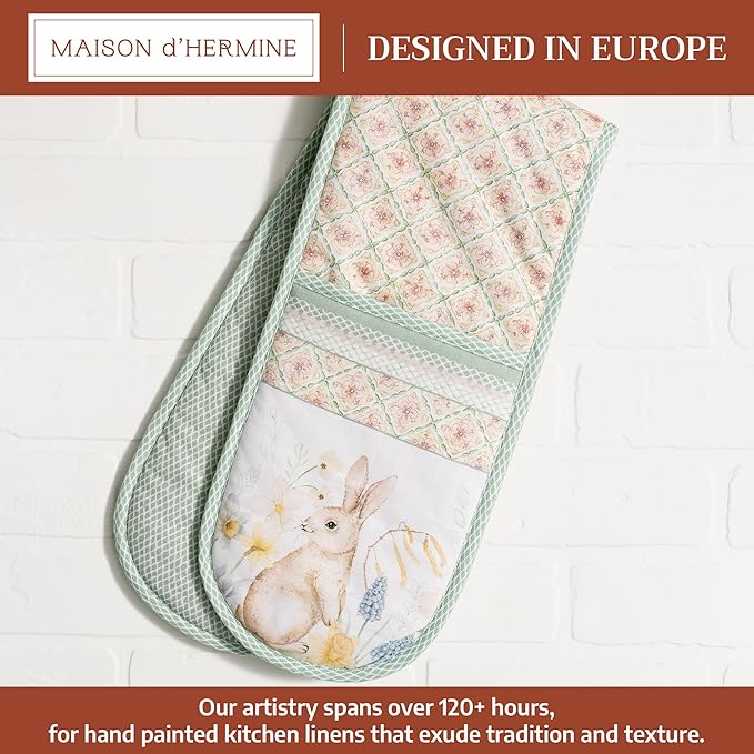 Maison d' Hermine Double Oven Mitts 100% Cotton 7"x35" Double Oven Mitt Heat Resistant BBQ Cooking Gloves with Loop Baking Grilling Gifts for Mothers Day Spring Summer (Easter Dew)