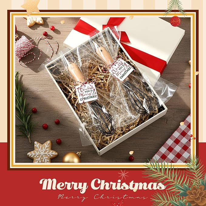 Baderke 20 Sets Baking Gifts Set Includes 8 Inch Silicone Whisk with Wood Handle Wired Stainless Steel Whisk Set Greeting Cards Plastic Bags for Party Birthday Christmas Stuffers Gift(Black)