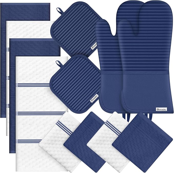 Oven Mitts Kitchen Towels and Dishcloths with Pot Holders Sets, Oven Gloves Hot Pads 500°F Heat Resistant with Silicone Grip, Include 2 Cooking Gloves/2 Potholders/4 Kitchen Towels/4 Dish Towels
