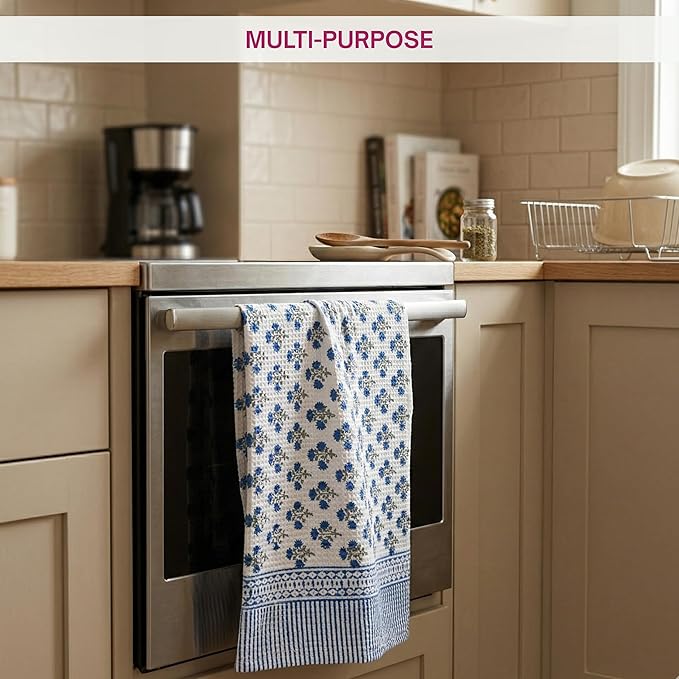 ATOSII 100% Cotton Hand Block Print Waffle Kitchen Towel, Set of 3, 18 x 26 Inches Ultra Absorbent Quick Dry Dish Towels, Reusable Sustainable Tea Towels for Cleaning and Drying, Gulbahar Blue