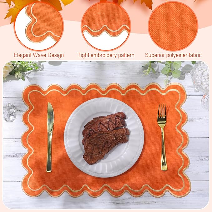 HunnmingRe Set of 6 Cotton Linen Placemats, 13x19 Inch Scalloped Wavy Embroidery Placemat Double Layered Washable Rustic Rectangle Dinner Table Mats for Wedding Home Decor(Orange with Yellow)