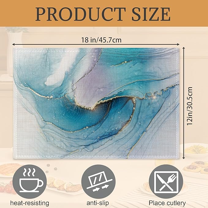 Teal Blue Placemats Set of 6,Washable Heat Resistant 12×18 Inch Linen Table Mats Marble Texture Place Mats for Party Outdoor Dining Décor