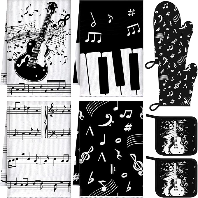 Leinuosen 8 Pcs Music Note Kitchen Decor Accessories Set Farmhouse Towels Oven Mitts Pot Holders Dishcloths Set Kitchen Decorative Absorbent Potholders for Chef Baking Cooking