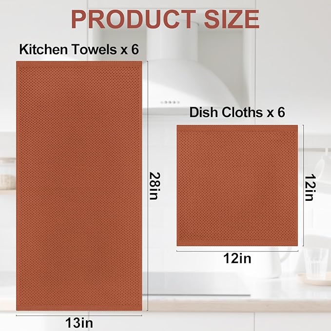 Homaxy 100% Cotton Kitchen Towels and Dishcloths Set, 12 x 12 Inches and 13 x 28 Inches, Set of 12 Bulk Kitchen Towels Set, Ultra Soft Absorbent Dish Cloths for Washing Dishes, Rust