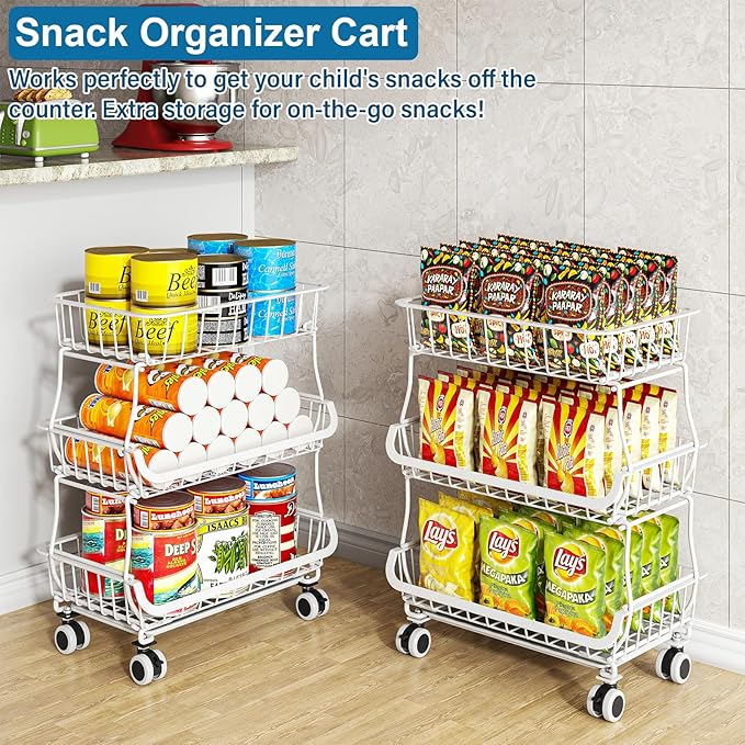 OKZEST 3-Tier Rolling Pantry Floor Organizer and Storage Cart with Wheels, Stackable Wire Pantry Baskets for Pantry Shelves, Kitchen Storage Rack and Fruit Basket Stand for Fruit Snack Onion Potato