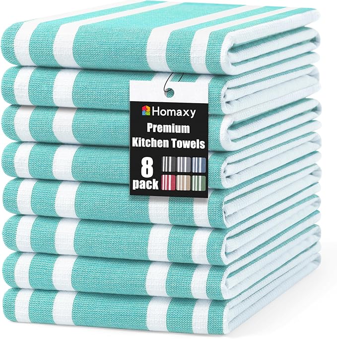 Homaxy Premium Kitchen Towels 18”x 28”, Large Cotton 380 GSM Kitchen Hand Towels, Stripe and Terry Dish Towel, Highly Absorbent Tea Towel Set with Hanging Loop, 8 Pack, Teal