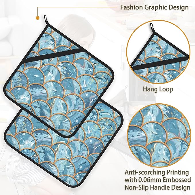 Mermaid Fish Scales Marble Pot Holder Set of 2,Heat Resistant Potholders Oven Hot Pads for Kitchen Cooking Baking BBQ