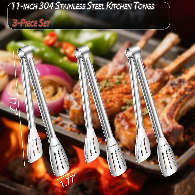 Stainless Steel Kitchen Tong Set - Anti-Slip Heat-Resistant Grip, Widened 3-Line Slotted Heads for Easy Clamping (Steaks, BBQ, Pasta, Salads), Easy Clean for Versatile Use Set of 3-11", Silver
