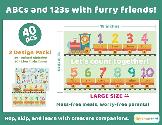 Bright Seed Disposable Placemats for Baby, Toddlers and Kids, 40 Disposable Baby Placemats for Restaurant, Dining Table & Travel, Learning Placemats for Kids, Toddler Travel, Animals ABC & Numbers