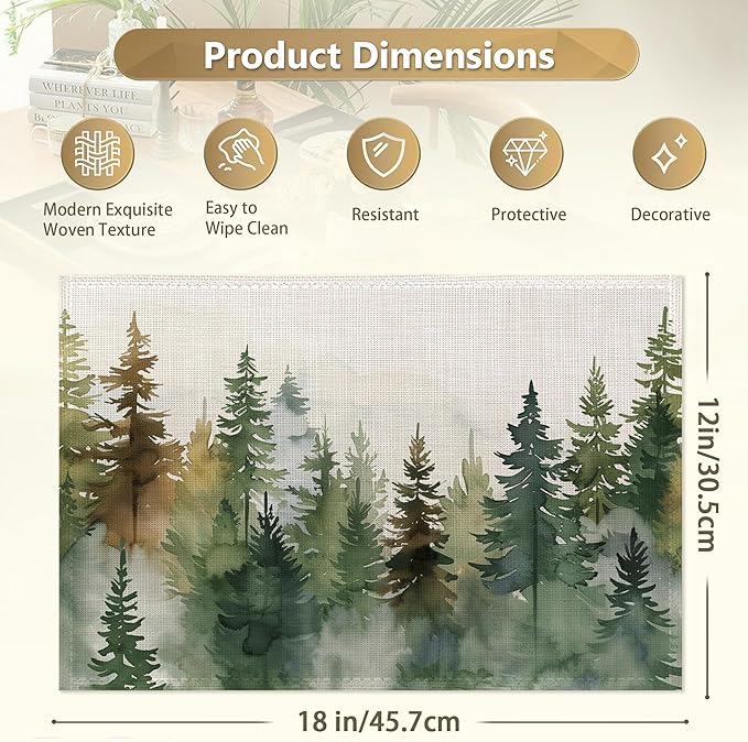 Set of 6 Washable Misty Forest Landscape Placemats Non-Slip Heat-Resistant 12x18 Inch Thick Decorative Linen Table Mats for Dining Table Home Décor