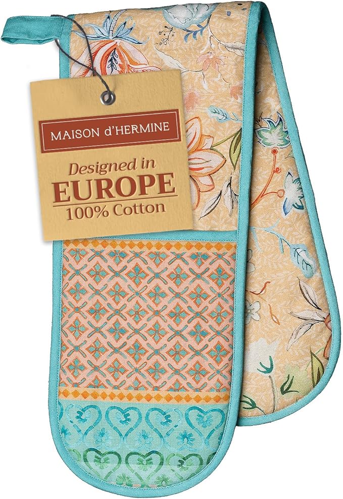 Maison d' Hermine Double Oven Mitts 100% Cotton 7"x35" Double Oven Mitt Heat Resistant BBQ Cooking Gloves with Loop Baking Grilling Gifts for Mothers Day Spring Summer (Luxury Loft - Peach)