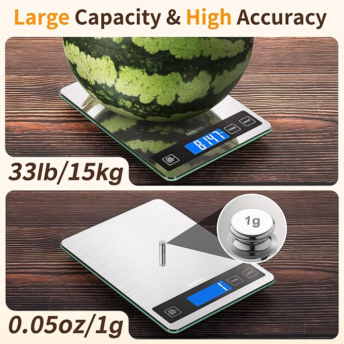 Food Scale, 33lb Digital Kitchen Scale with Stainless Steel & Tempered Glass, USB Rechargeable, 1g/0.05oz Precise Weighing, Splash-Resistant and Sturdy Surface, for Cooking, Baking, Weight Loss