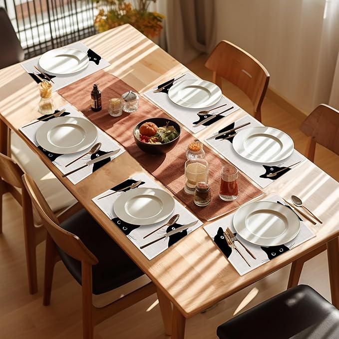 Black Cat Placemats Set of 6,Washable Heat Resistant 12×18 Inch Linen Table Mats Cute Place Mats for Party Outdoor Dining Décor